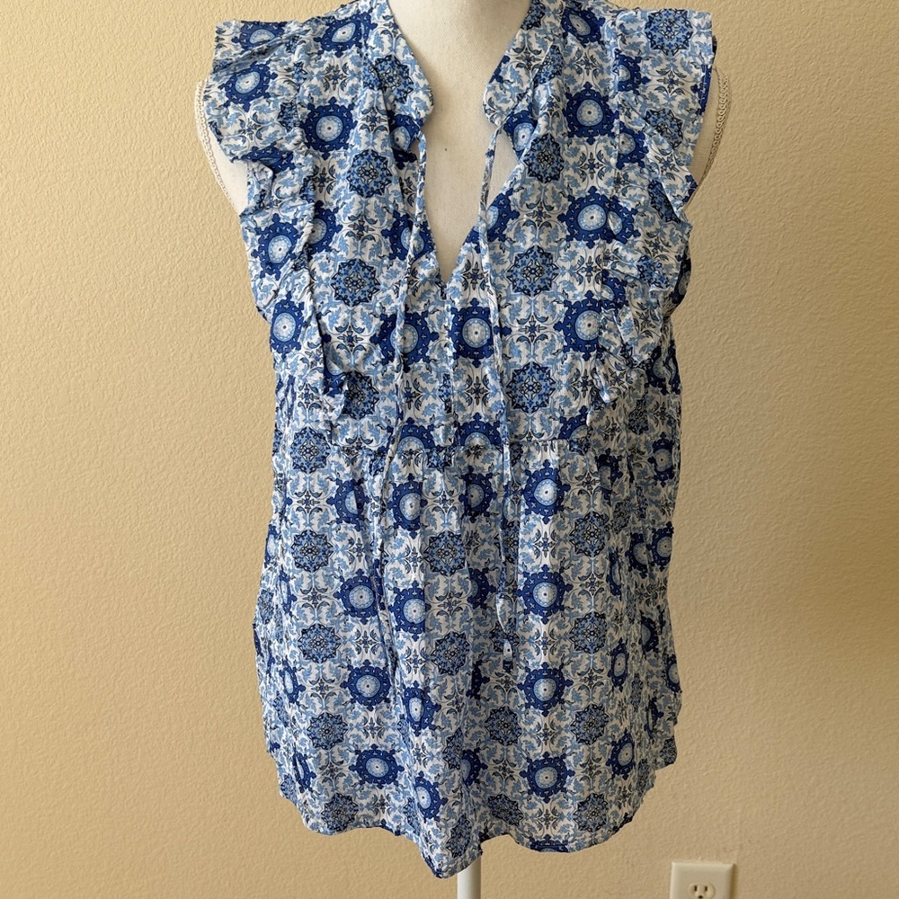 LOFT Blue Floral Ruffle Blouse